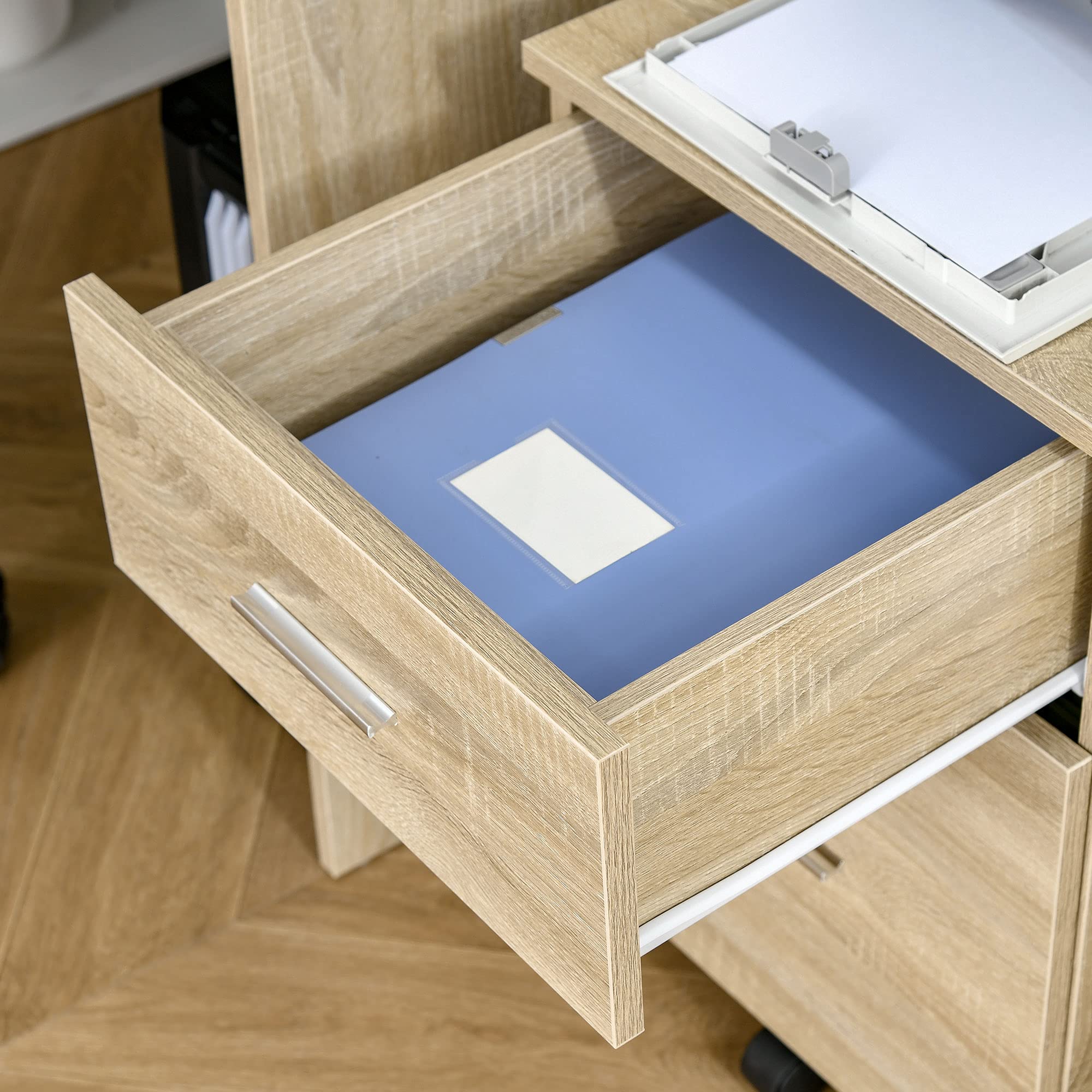 HOMCOM Cajonera de Escritorio con 2 Cajones, Cajonera de Oficina con Ruedas, Archivador Móvil, para Archivos A4 o Cartas, para Estudio, Salón, 39,5x39x58,5 cm, Roble