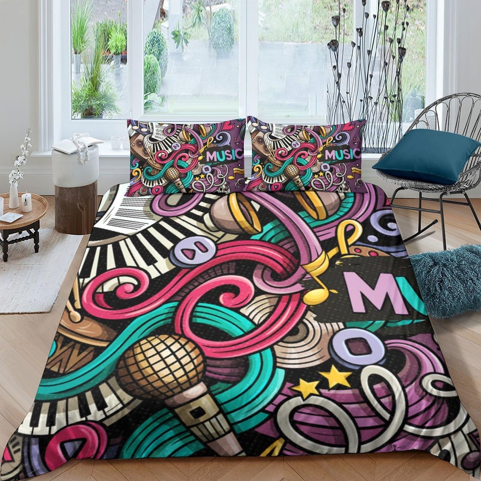 Ctjqhvkz Style-5 3D Printed Music Graffiti Fitted Sheet Microfiber Vibrant Art Bed Cover For Bedroom Dorm Protective Decor Single（135X200cm）