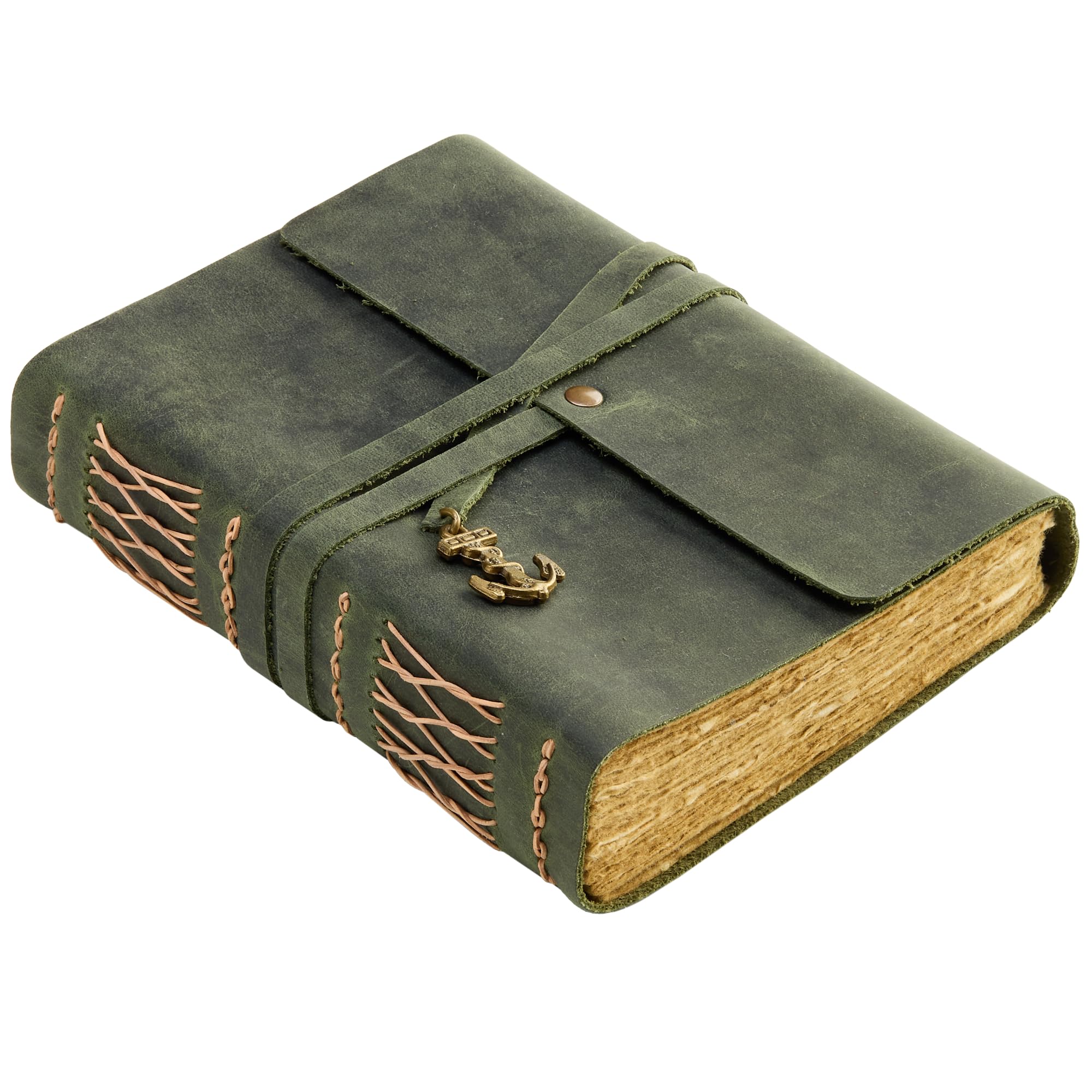 Journal en Cuir Vert Vintage Fait Main 21x17 cm, Carnet en Cuir Écologique avec Papier Coton Deckle Edge, Carnet de Voyage Cuir pour Écrivains Nature