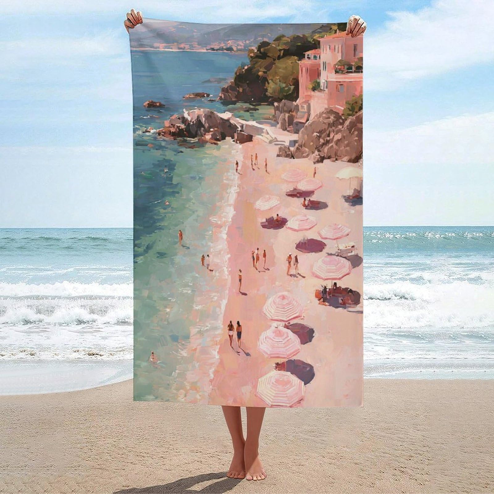 LSRCPD Sea Beach And People Swimming Beach Towel Sand Free Microfiber Large Shower Towels Multipurpose Absorbent for Bathroom Pool 130x80 CM