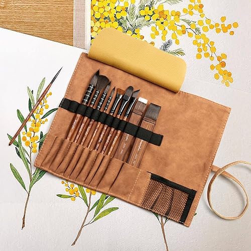 Miniatura 7 de Juego de 10 pinceles de pintura sintética Taklon profesionales para acuarela, acrílico, gouache, 8 cabezales de cepillo con estuche de viaje,