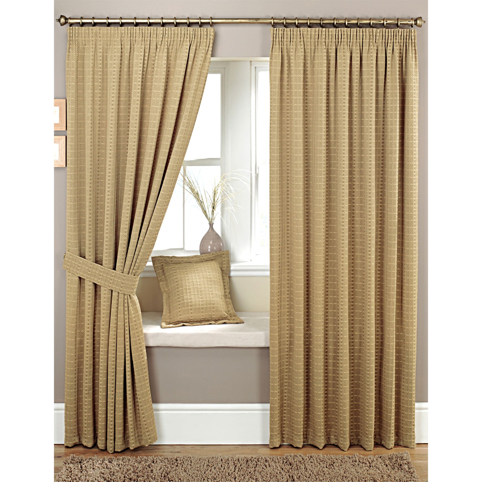 Just Contempo Woven Pencil Pleat Lined Curtains, Beige, 64x54 inches