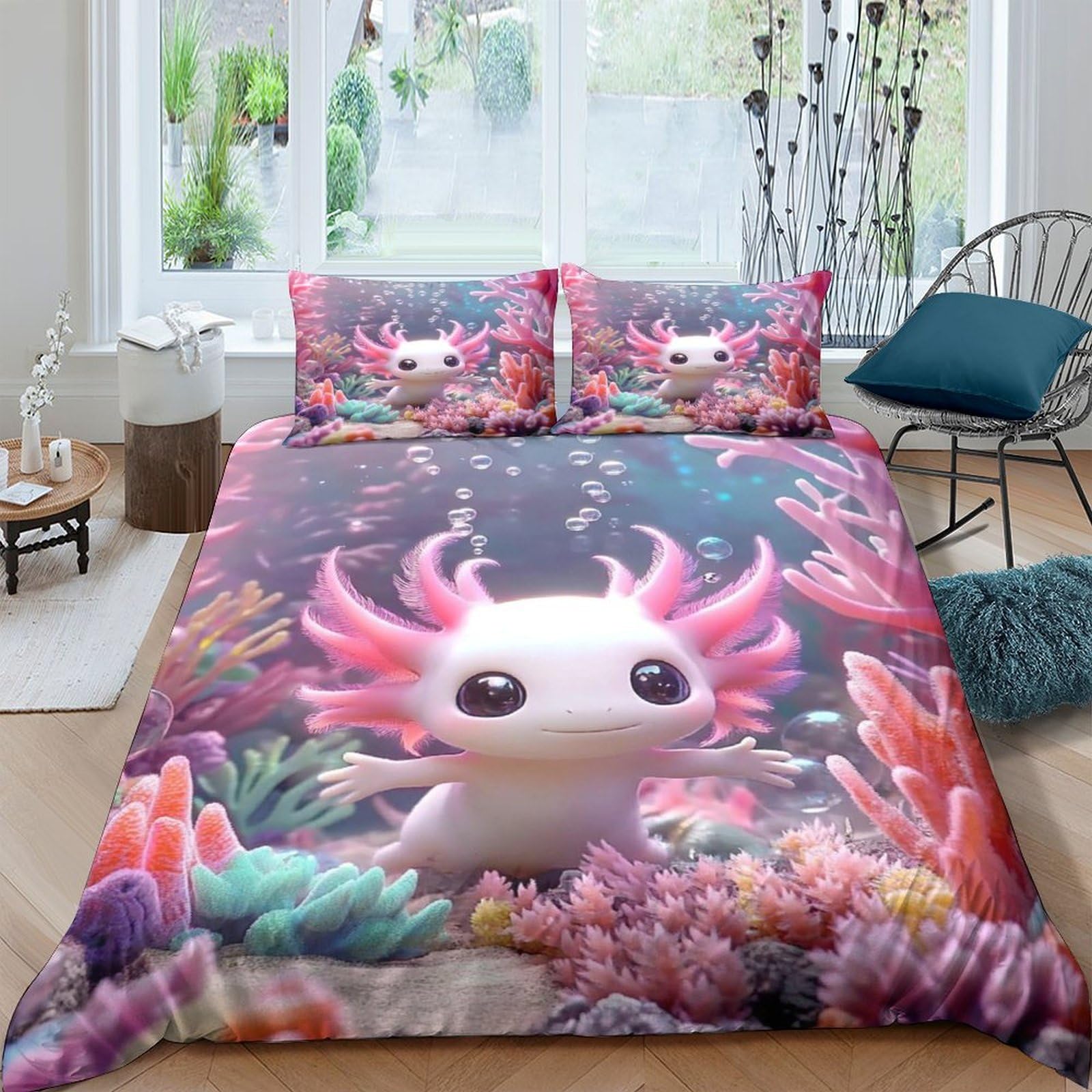 Ctjqhvkz Style-10 3D Printed Cute Axolotl Fitted Sheet Microfiber Soft Coral Reef Mattress Cover For Bedroom Dorm Decor Easy Care Single（135X200cm）