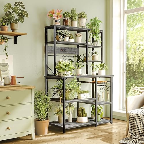 Miniatura 7 de SUPERJARE Estante Grande de Panadería con Tomas de Corriente, Soporte de Microondas de 6 Niveles, Barra de Café con 12 Ganchos en Forma de S,