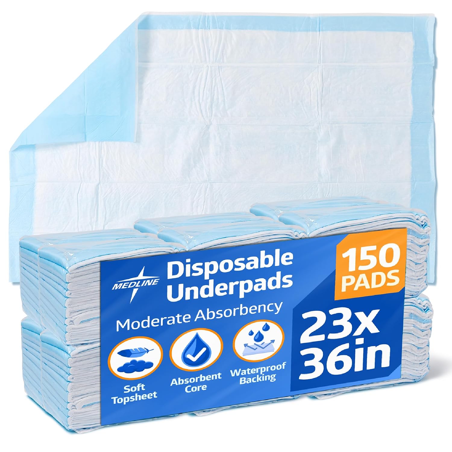 Medline Moderate Absorbency Underpad, 23" x 36", 150 Count, Disposable Chucks, Bed, Furniture & Surface Protection, For Kids, Adults, Elderly, Puppy Pad, Changing Pad, Incontinence Pee Pad