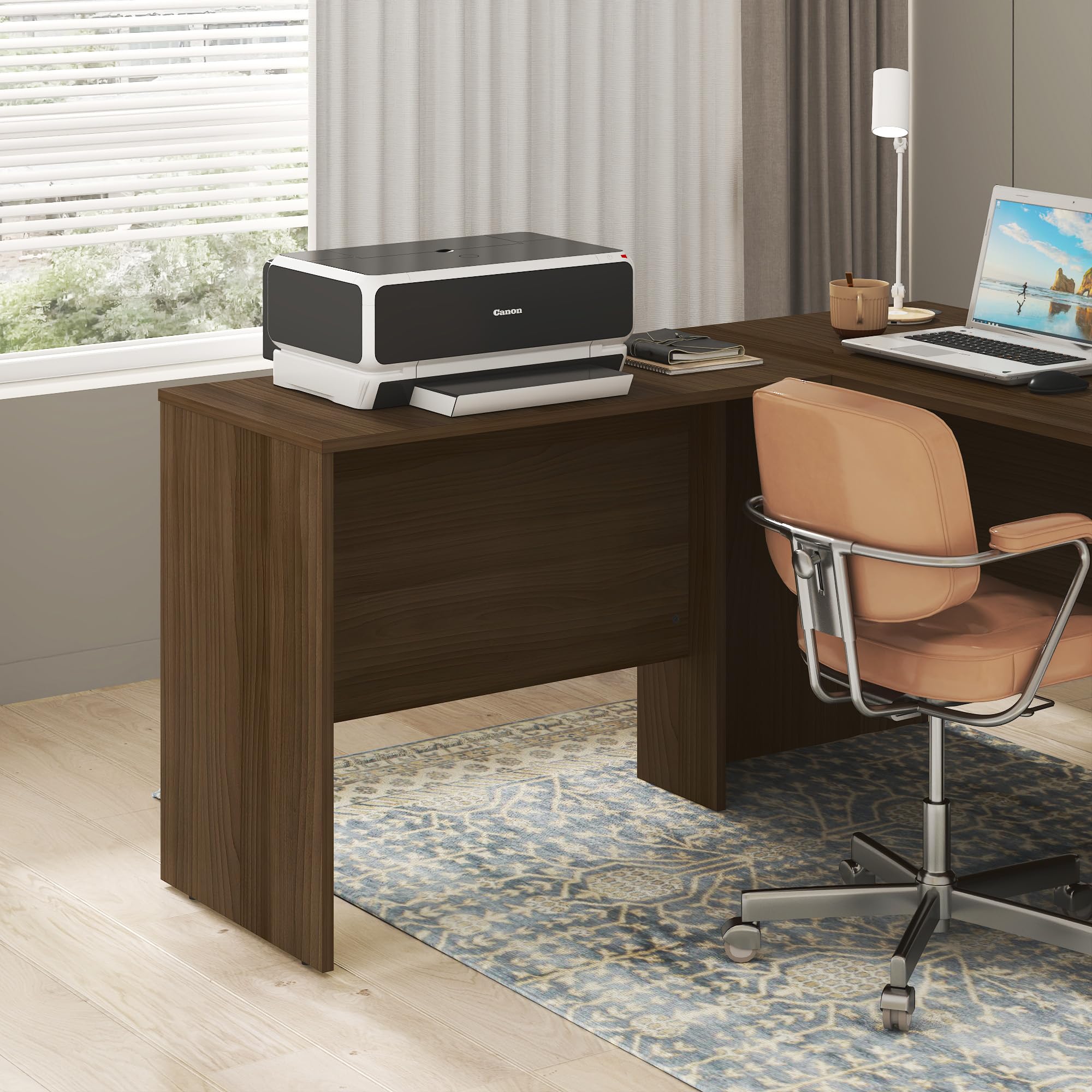 Furinno Roger Office Desk Return, 35 Inch Rectangular Desk Return for Executive Desk, Reversible with Cord Grommet, Scratchproof and Water-Resistant, for Home Study, Office, Modern Walnut