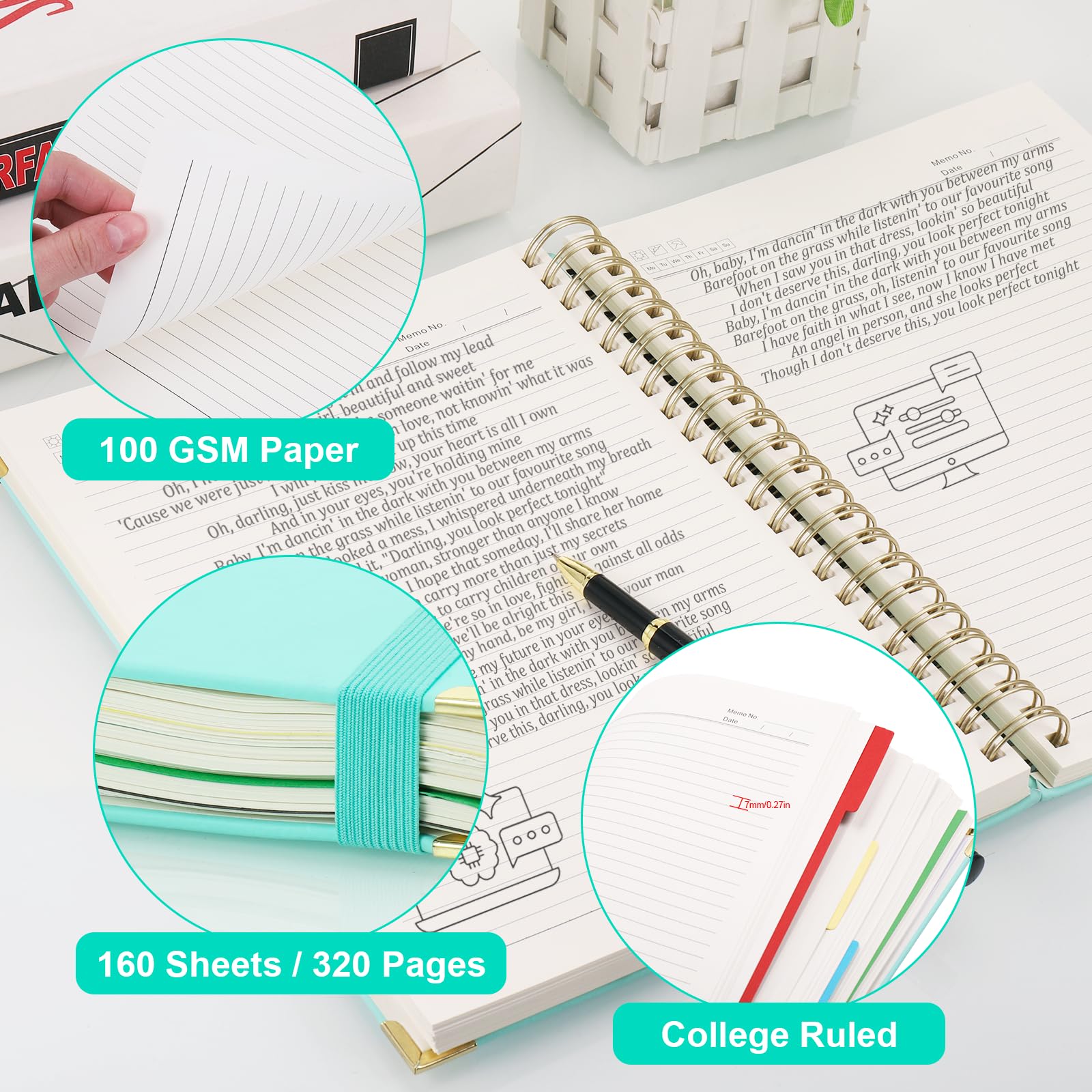 JIANTA Notatnik A4 w linie, A4 Blok na kółkach z linią – 320 stron, Bullet Journal 100GSM, 5 przegródek, twarda okładka niebieska, notes uniwersytecki w linię do biura, szkoły, uniwersytetu, pracy