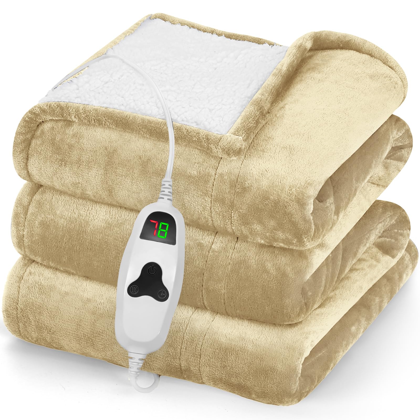 greenoak Heated Blanket Electric Throw 50"X60", Heating Blanket with 10 Heat Levels 8 Hours Auto-Off,Fleece Soft Blanket, Birthday Gifts for Grandma Seniors, Beige