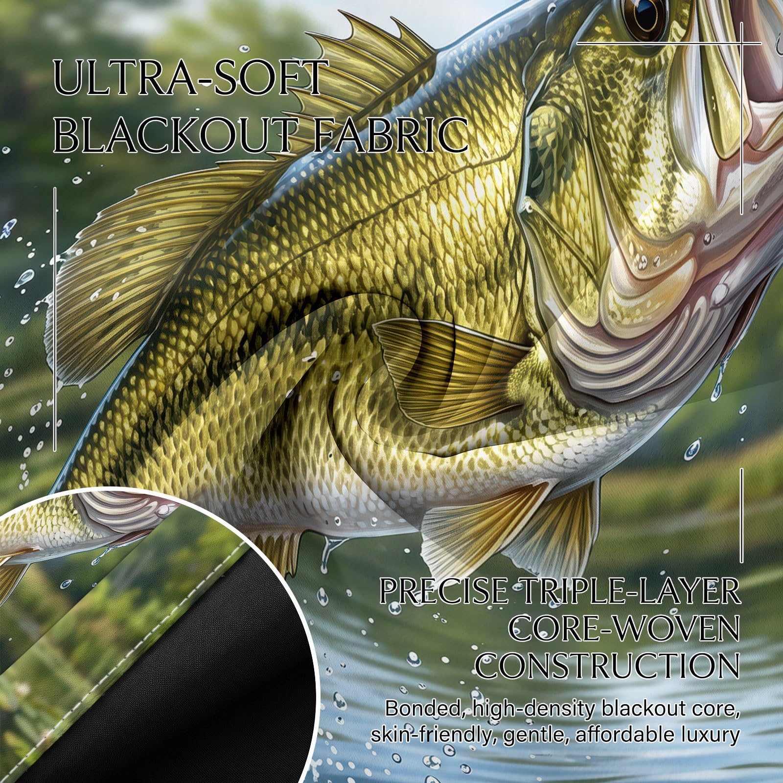 Realistic Wildlife - Cortinas 100 % opacas, 2 paneles, 46 pulgadas de ancho x 54 pulgadas de largo, para entusiastas de la pesca de lubina, con ojales, aislamiento térmico, ahorro de energía, para