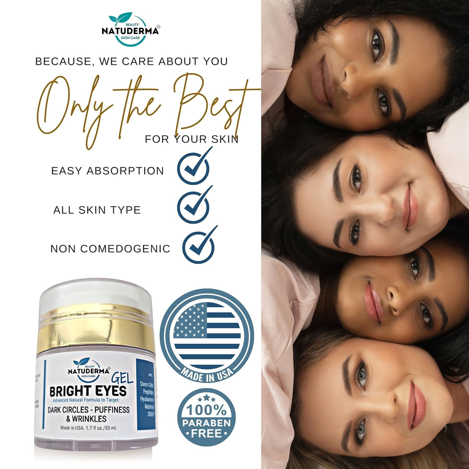 Bright Eye Gel Cream - Under eye Cream for Dark Circles and Puffiness - Moisturizer made in USA with Hyaluronic and Peptides 1.7 Fl Oz