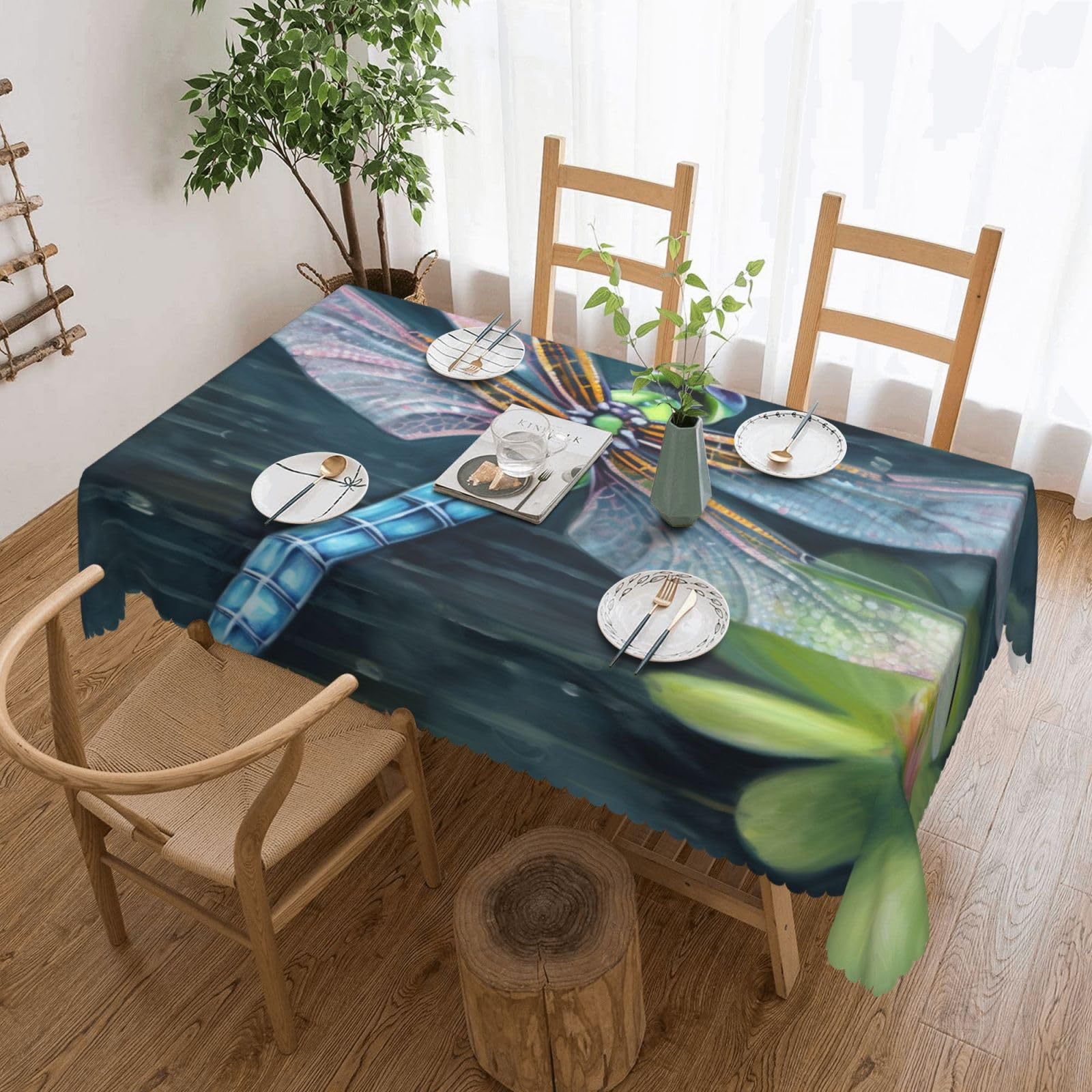 WPKJU Dragonfly Painting Printed Rectangle Tablecloth 72x54 Inch with Lace Trim, Water-Resistant Washable Table Cover for Farmhouse Weddings, Outdoor Picnics & Holiday Dining
