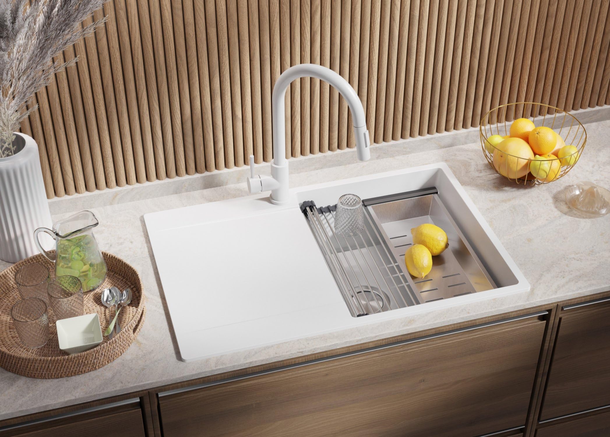 PRIMAGRAN Lavello da Cucina Bianco 78x50cm, Lavandino in Granito a 1 vasca + Sifone Classico, Lavabo da Cucina Incasso al Mobile 50cm - San Francisco Level S002