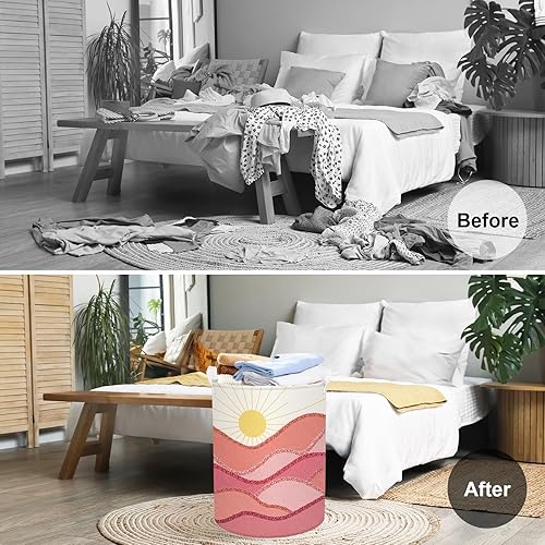 Miniatura 2 de Clastyle Cesta de lavandería estilo bohemio con diseño de amanecer de color rosa, de 63 litros, grande, redonda, para ropa sucia, para niñas y