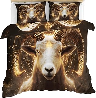 Aries Comforter Set King, Bighorn Sheep Bedding Set, Mysterious Constellation Duvet Cover, Soft Breathable with Zipper Closure Duvet Cover 3 Pieces 104x90, 2 Pillow Shams