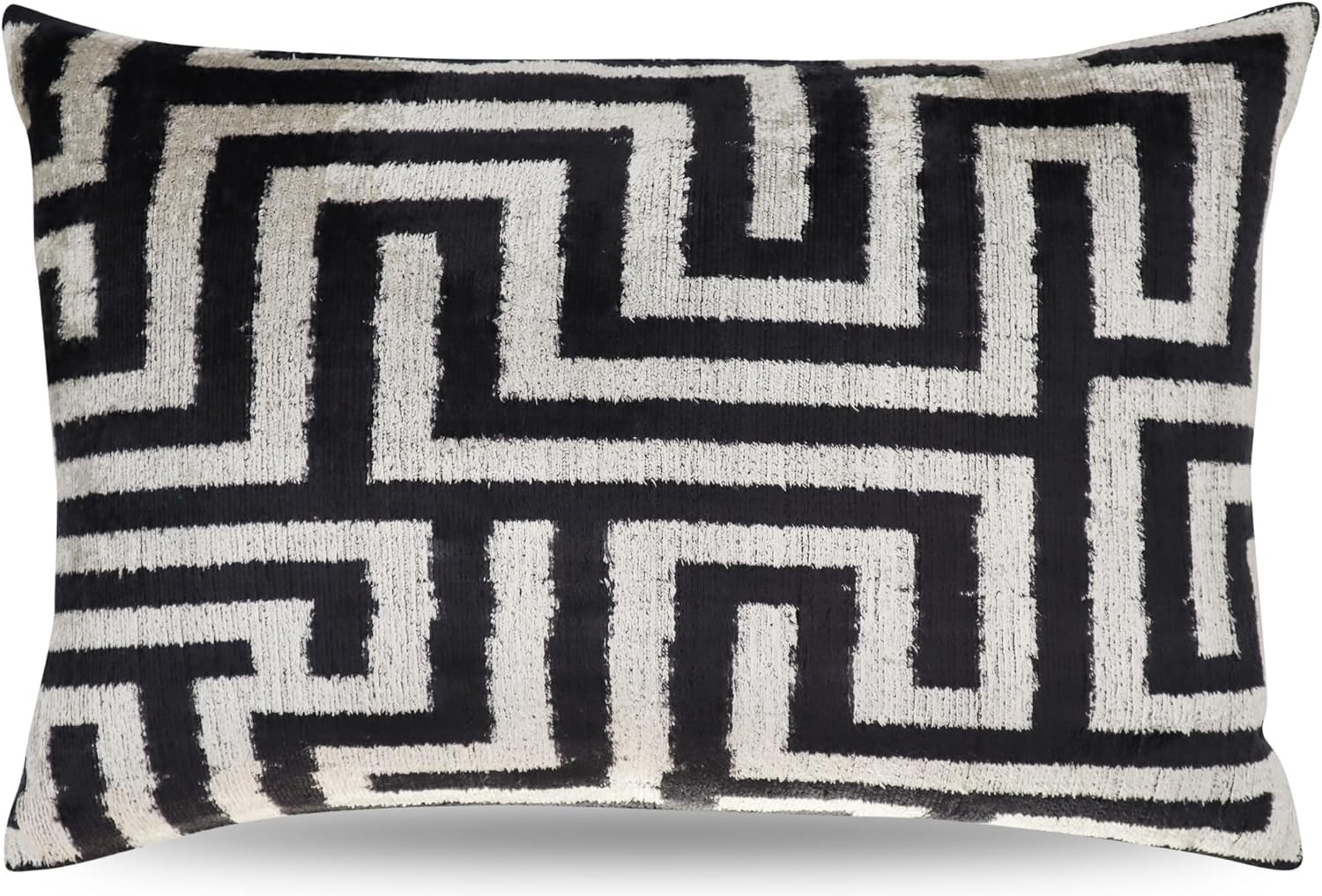Canvello Luxury Decorative Velvet Throw Pillow 16x24 - Black & White Geometric Maze Pattern with Premium Down Feather Fill