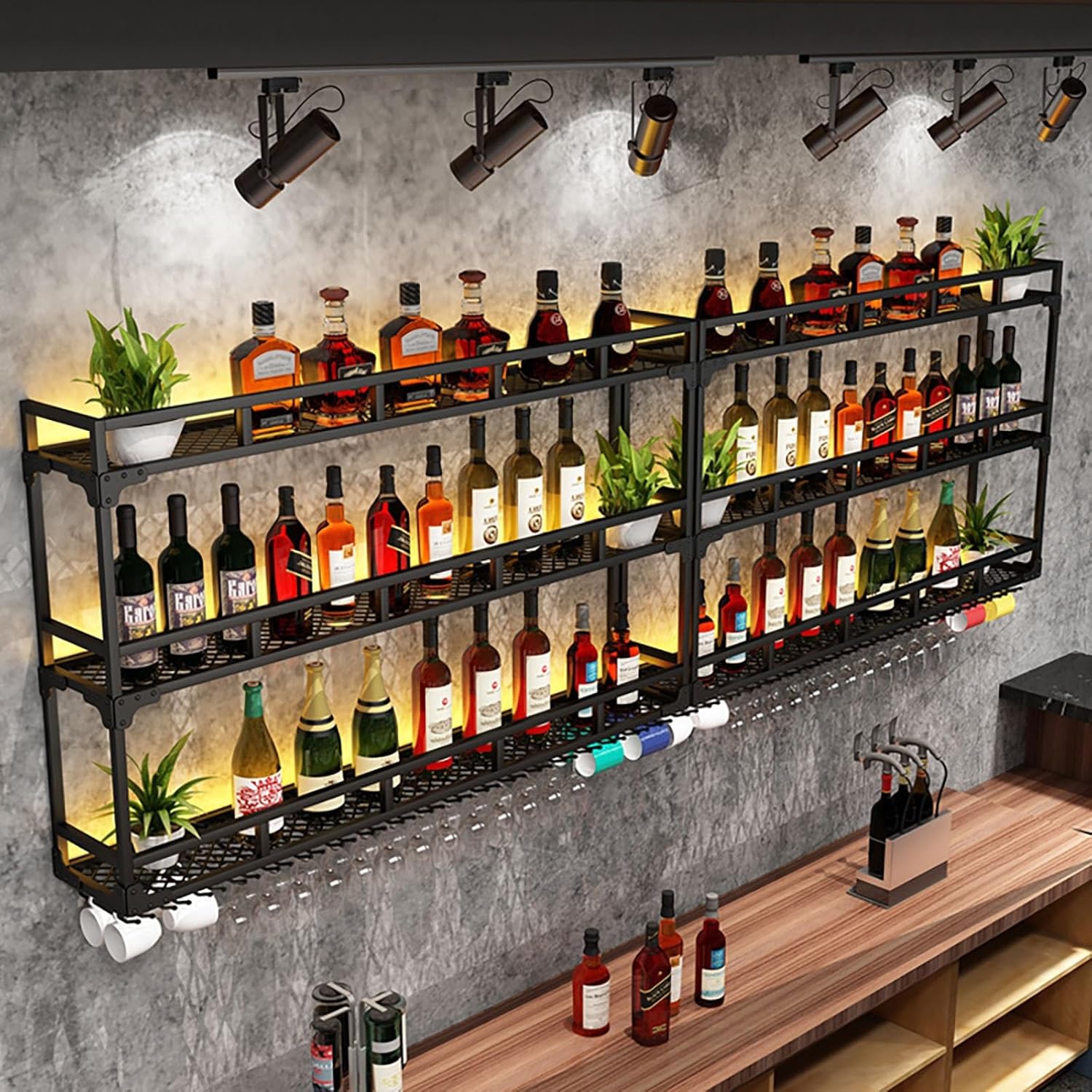 Wall Mounted Wine Rack with Glass Holder,Large Wine Shelf with LED Lights,Hanging Liquor Shelf,Floating Wine Shelves,Wine Bottle Display Stand,for Home Bar Kitchen Organ,Black,80cm