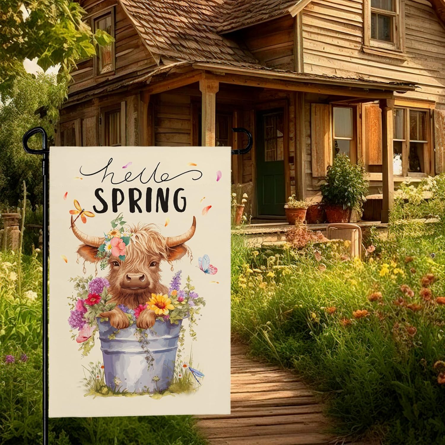 Hello Spring Garden Flag Highland Cow Polyester Yard Flag Double Sided Vertical 12x18 Inch Farmhouse Butterfly Floral Garden Flags Rustic Daisy House Banner for Seasonal Outdoor Decoration - Image 2
