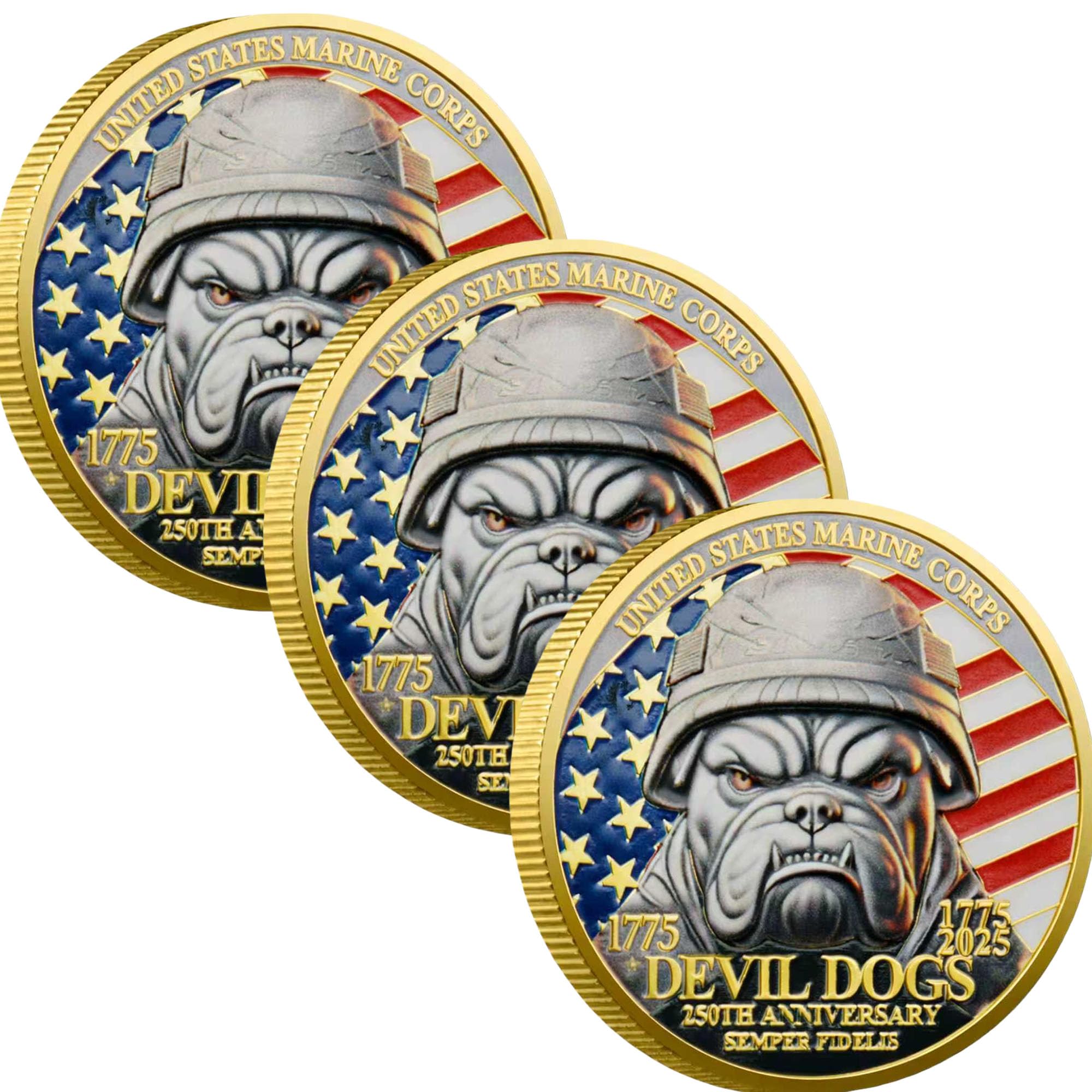Marine Corps 250th Anniversary Challenge Coin – USMC Military Commemorative Coin – 1.57 Inch Gold-Plated Collectible for Veterans, Service Members, and Enthusiasts – Solid Metal Construction(3PCS)