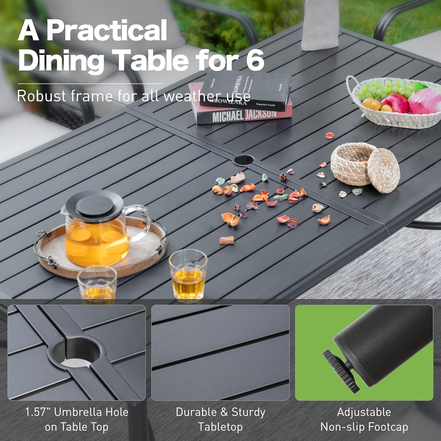SUNSHINE VALLEY 67" Patio Dining Table for 6,Large Rectangle Patio Table with Umbrella Hole,E-Coating and Powder Coating Steel Frame Metal Outdoor Patio Table for Garden Backyard Lawn Yard
