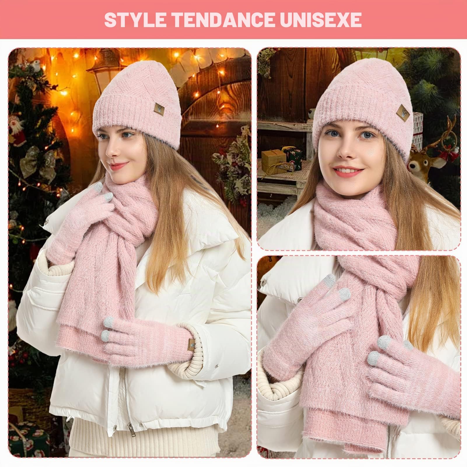 Packs Bonnet Écharpe et Gants pour Femme Gants à Écran Tactile Thermique Tricoté Echarpe Chaude et Bonnet Polaire pour Femme