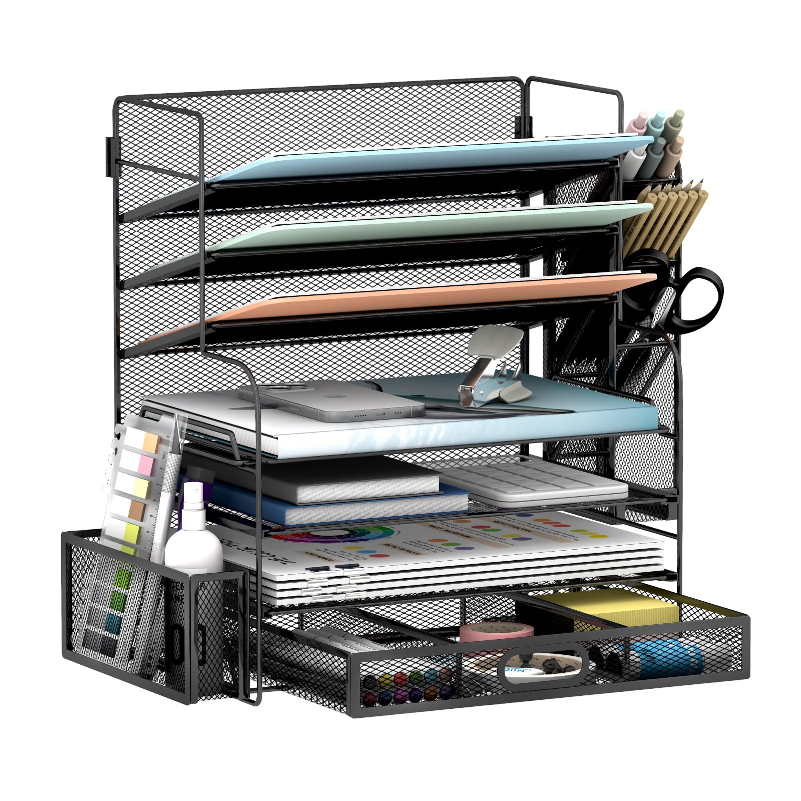 Schreibtisch-Organizer mit 7 Ebenen, Büroaufbewahrung, Schreibtischzubehör, Schreibtisch-Organizer für Bürobedarf mit Schublade und 2 Stifthaltern (schwarz)