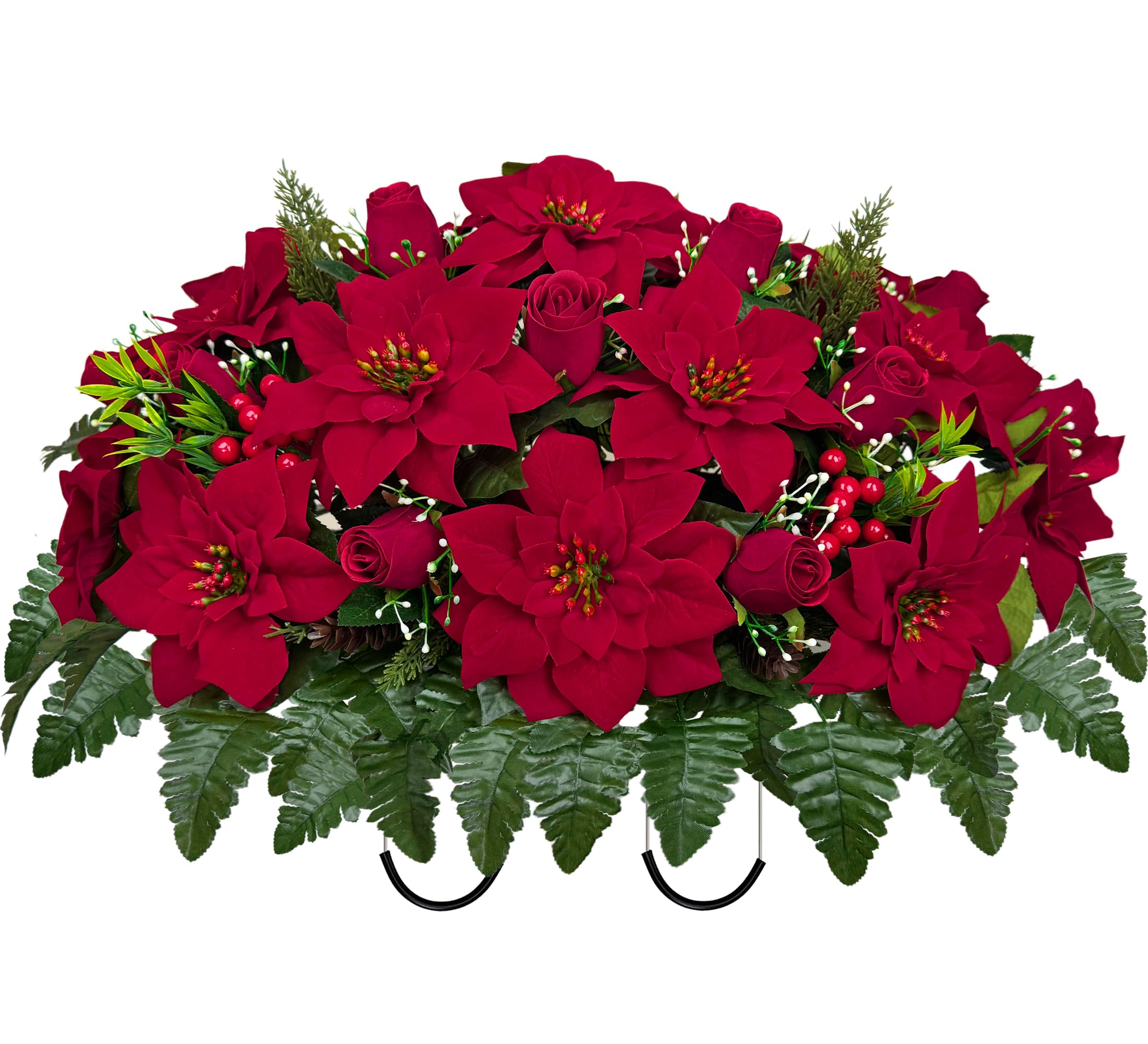 Selle de fleurs de cimetière, selle de fleur de pierre tombale de Noël artificielle, poinsettias baies roses