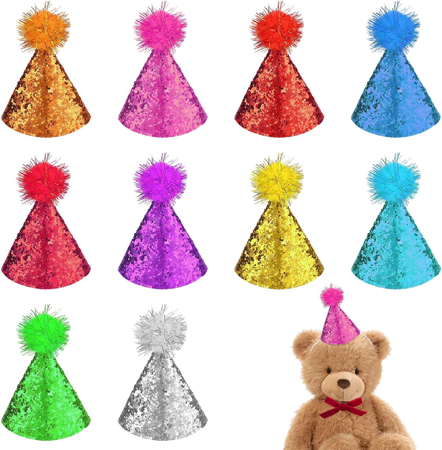 Party Hats for Stuffed Animals, Multicolor Party Hat with Pom Poms, Cone Birthday Hats for Stuffed Animals Dogs
