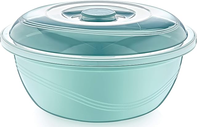 Round Plastic Mixing Bowl with Lid Bread Dough Proofing Salad Fruit Food Storage (Clear Lid, Basin Colour Will Vary Dependent on Stock) (1, 15 Litre)