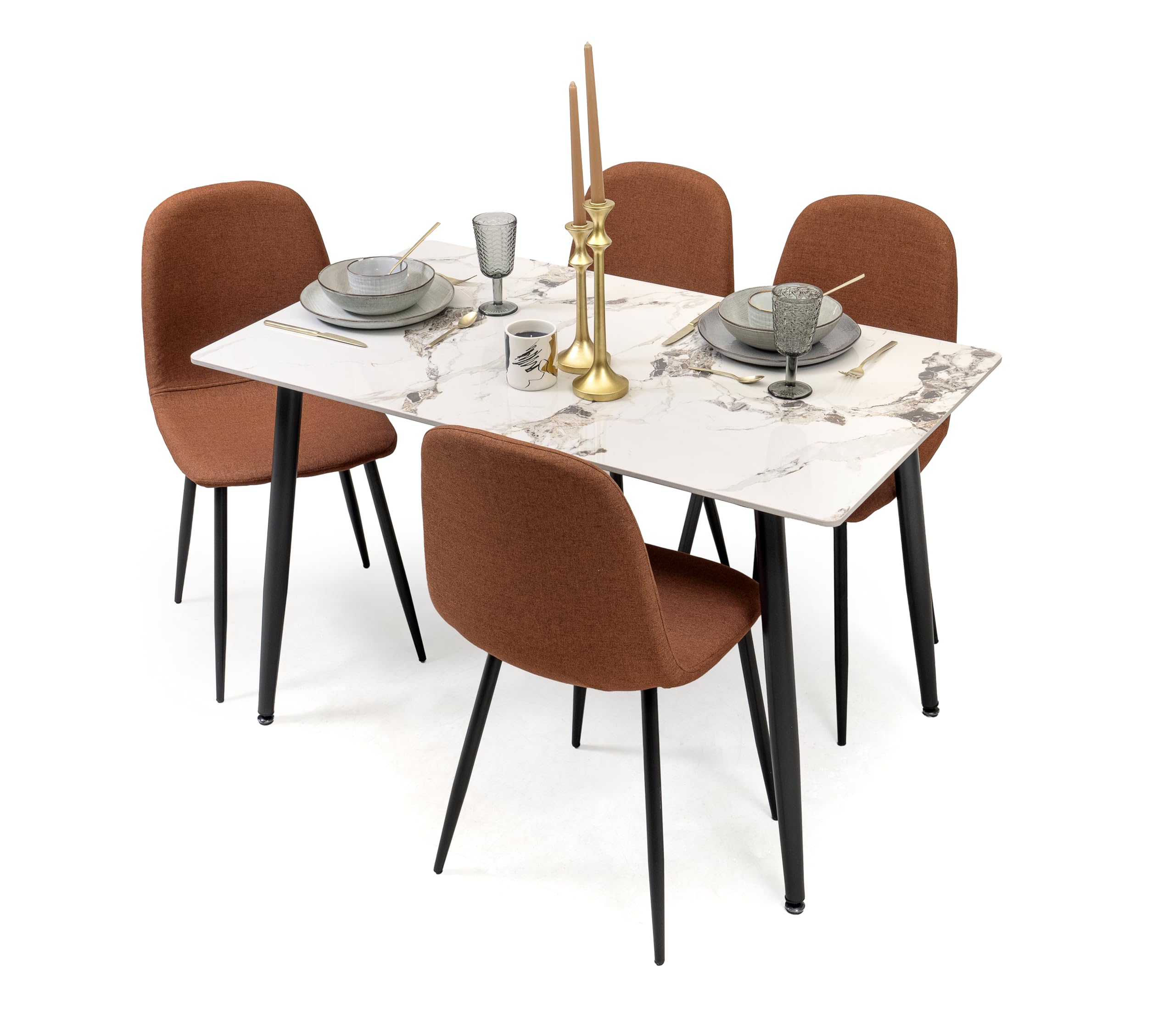 Homely® | Mesa de Comedor Cairo PK 120x70 cm. Tapa Porcelánico | Acabado Efecto Mármol Calacatta Gold | Patas Metálicas Negras | Mesa cerámica Cocina, Comedor, Escritorio (Blanco-Gold)