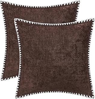 BRAWARM Throw Pillow Covers 18x18 Inches - Coffee Chenille Pillow Covers with Piping, Pack of 2 Solid Dyed Soft Chenille Pillow Cases for Couch Sofa Bed Home Decoration
