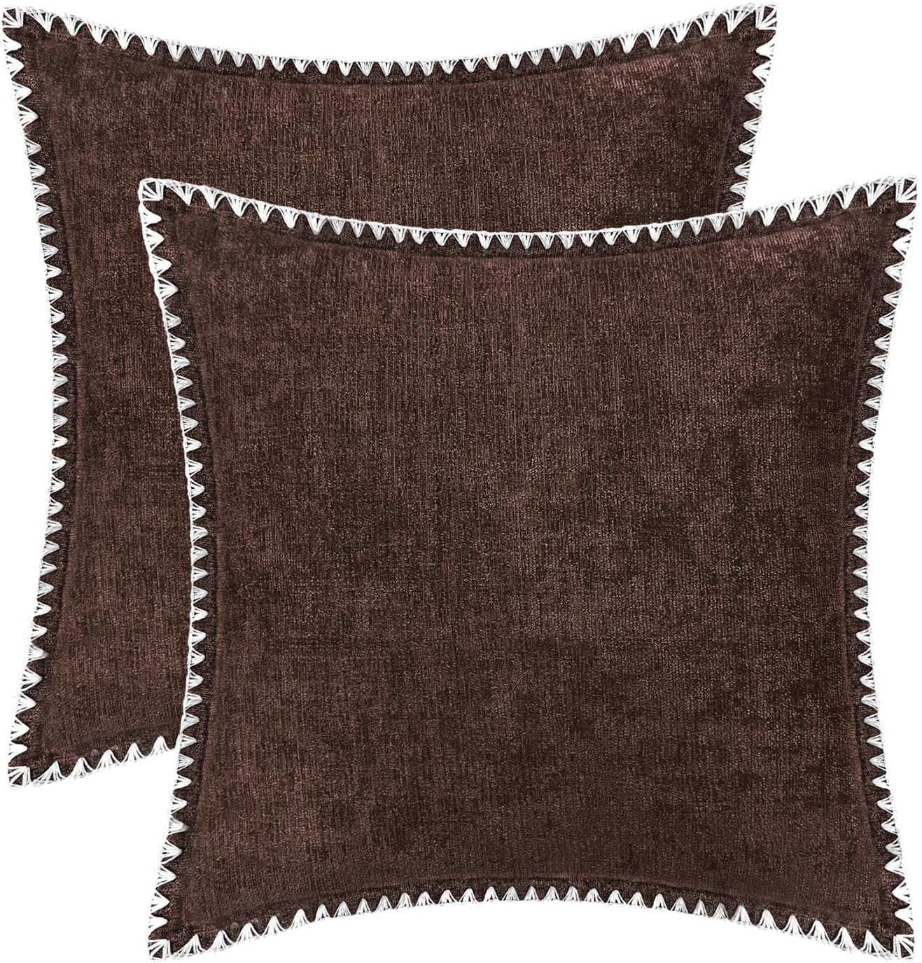 BRAWARM Throw Pillow Covers 18x18 Inches - Coffee Chenille Pillow Covers with Piping, Pack of 2 Solid Dyed Soft Chenille Pillow Cases for Couch Sofa Bed Home Decoration