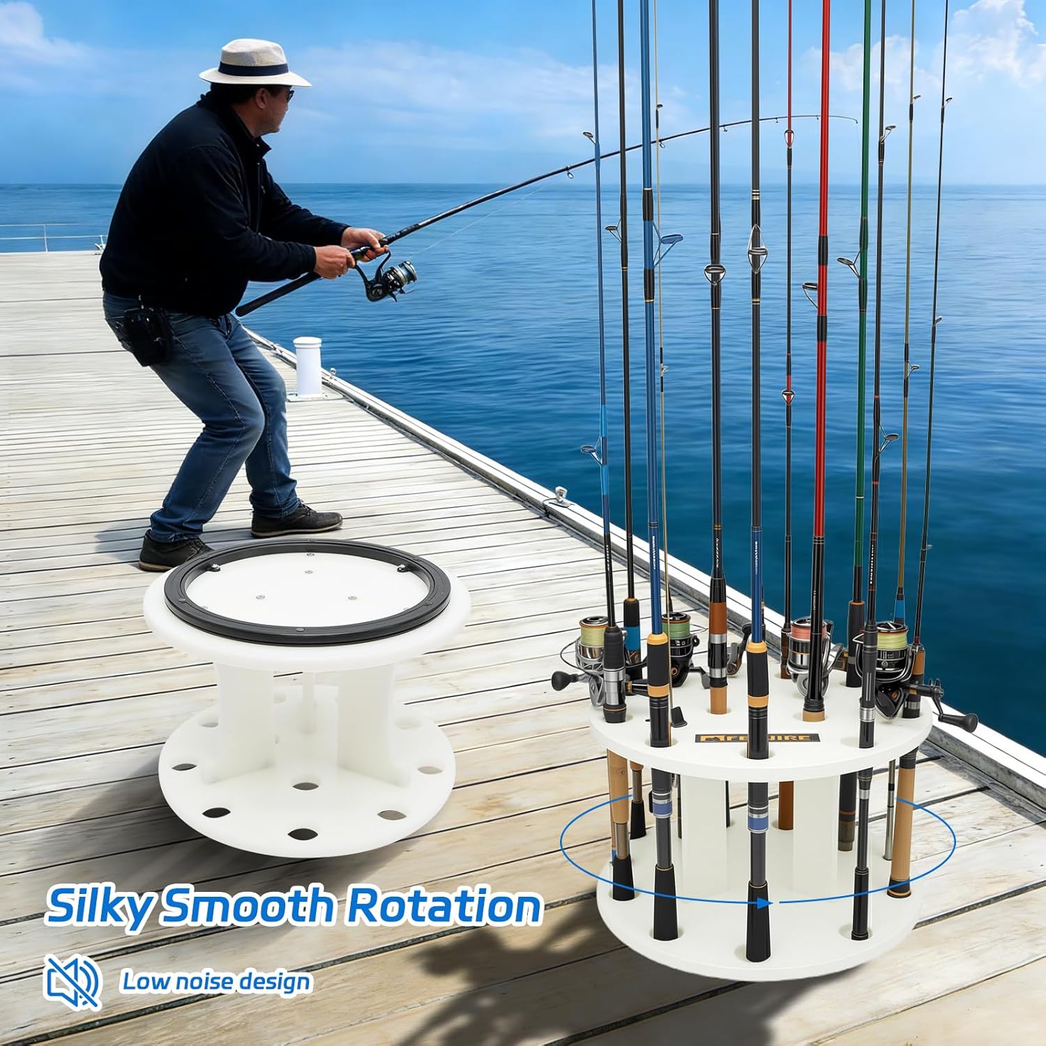 HDPE Fishing Rod Holder Rack for 12 Rods, Rotating Pole Storage Organizer with Smooth Silent Turntable & Wide Spacing for Large Reels, Heavy-Duty Rod Storage for Garage, Deck & Dock Mount