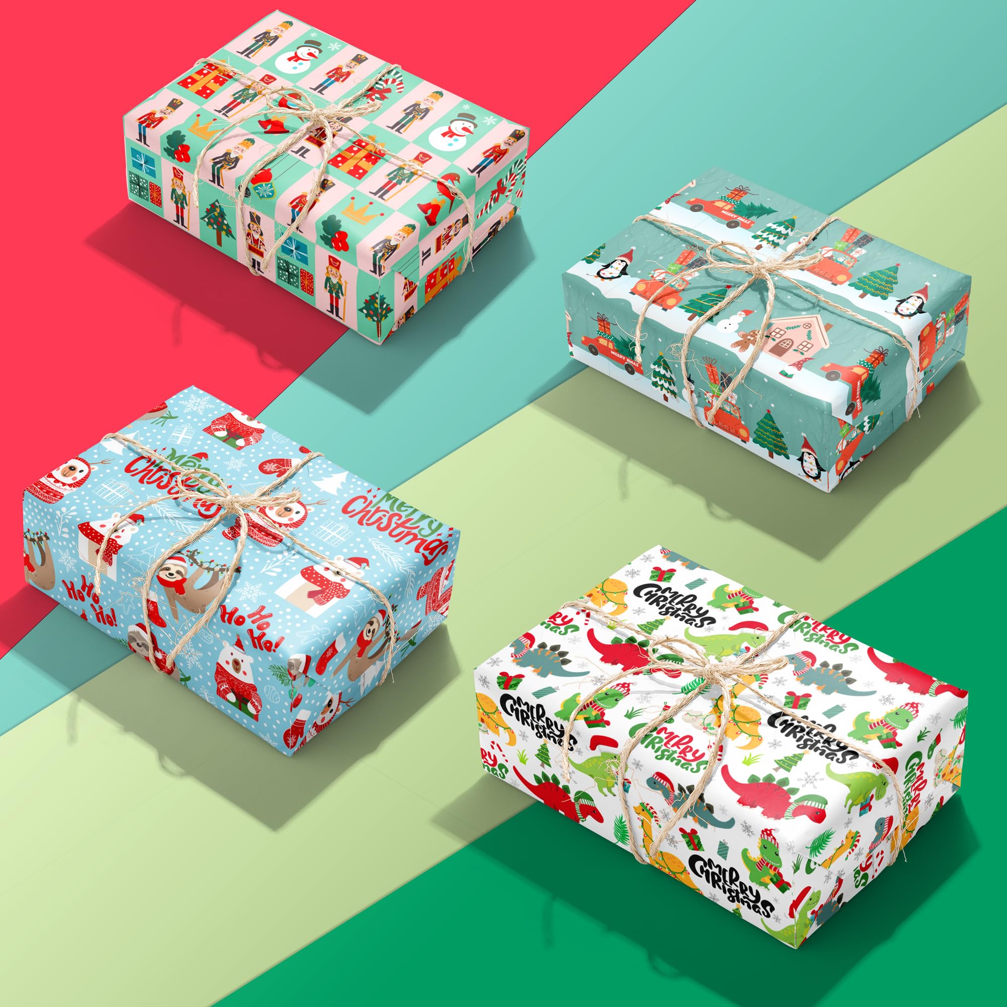 MotiGiftie Weihnachts-Geschenkpapier für Jungen und Mädchen – Weihnachtsmann, bunte Dinosaurier, Pinguin, Weihnachtsbaum, Nussknacker-Designs – Urlaubs-Geschenkpapier für Festival, 12 Blatt, je 50,8 x