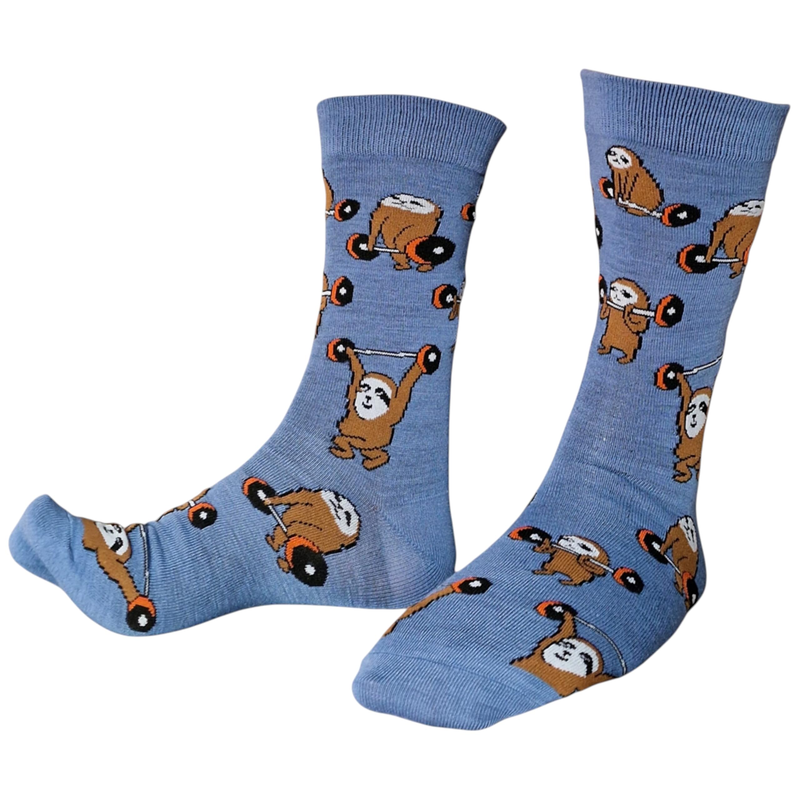 Sock Shack Men's Blue Weight Lifting Lazy Sloths Pumping Iron Ironic Socks One Pair