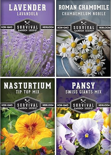 Survival Garden Seeds Colección de flores comestibles - Caja de semillas de lavanda, manzanilla romana, capuchina, pensamiento, paquetes de semillas