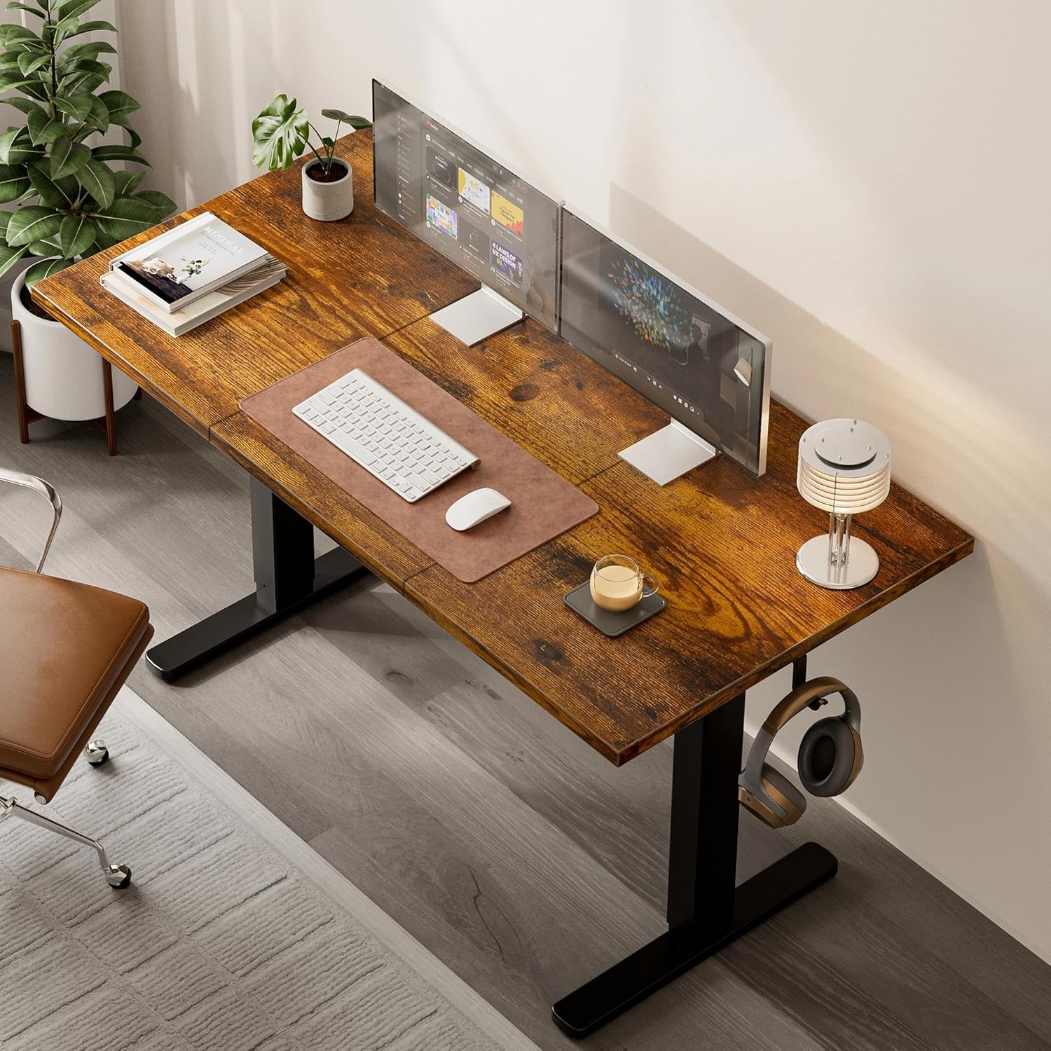 Adjustable Standing Desk with Cable Management, 48 X 24 Inches Electric Stand Up Desk, 176LBS Load, 2 Memory Preset Height Table for Home Office Work with Splice Board (Rustic Brown Desktop)