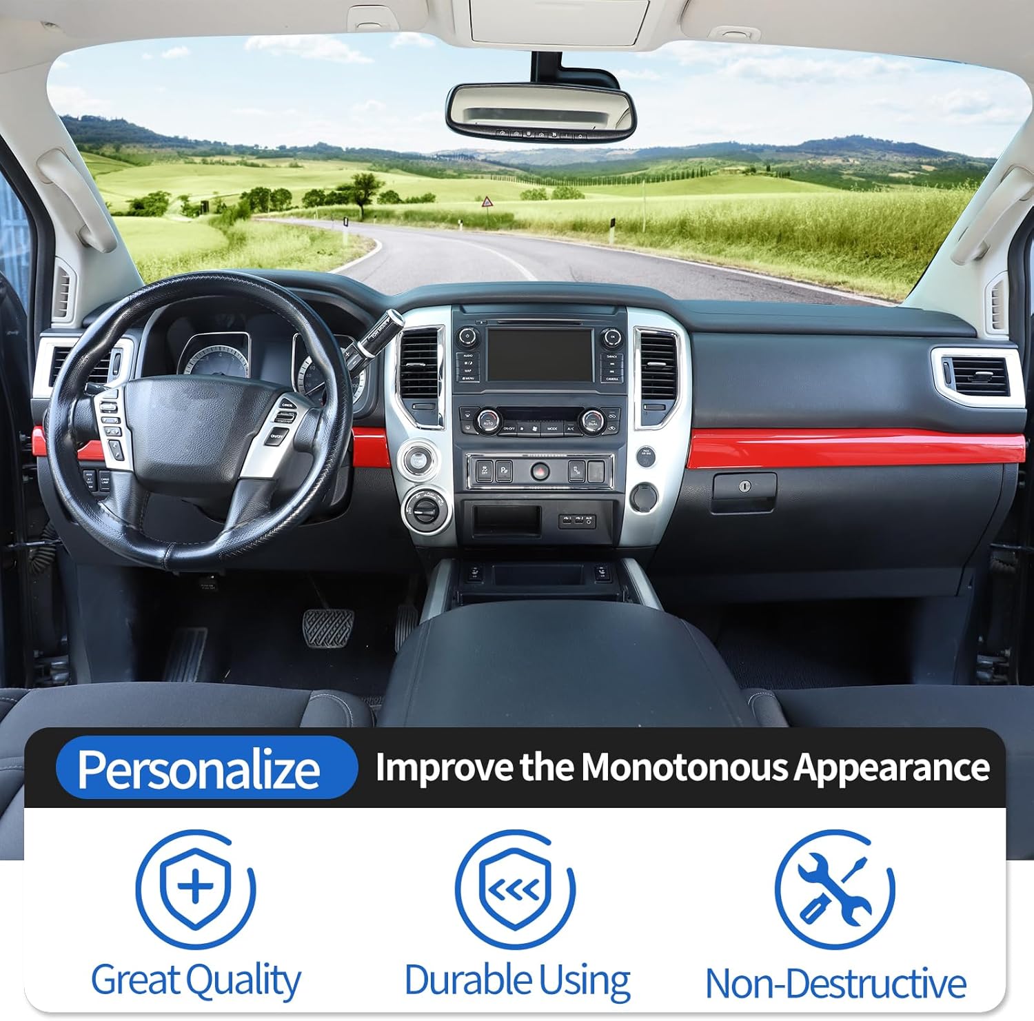 Car Center Console Decorative Strip Cover Compatible with Nissan Titan 2016-2023, ABS Co-Pilot Central Control Panel Decoration Strip Kits, 3PCS (Red)