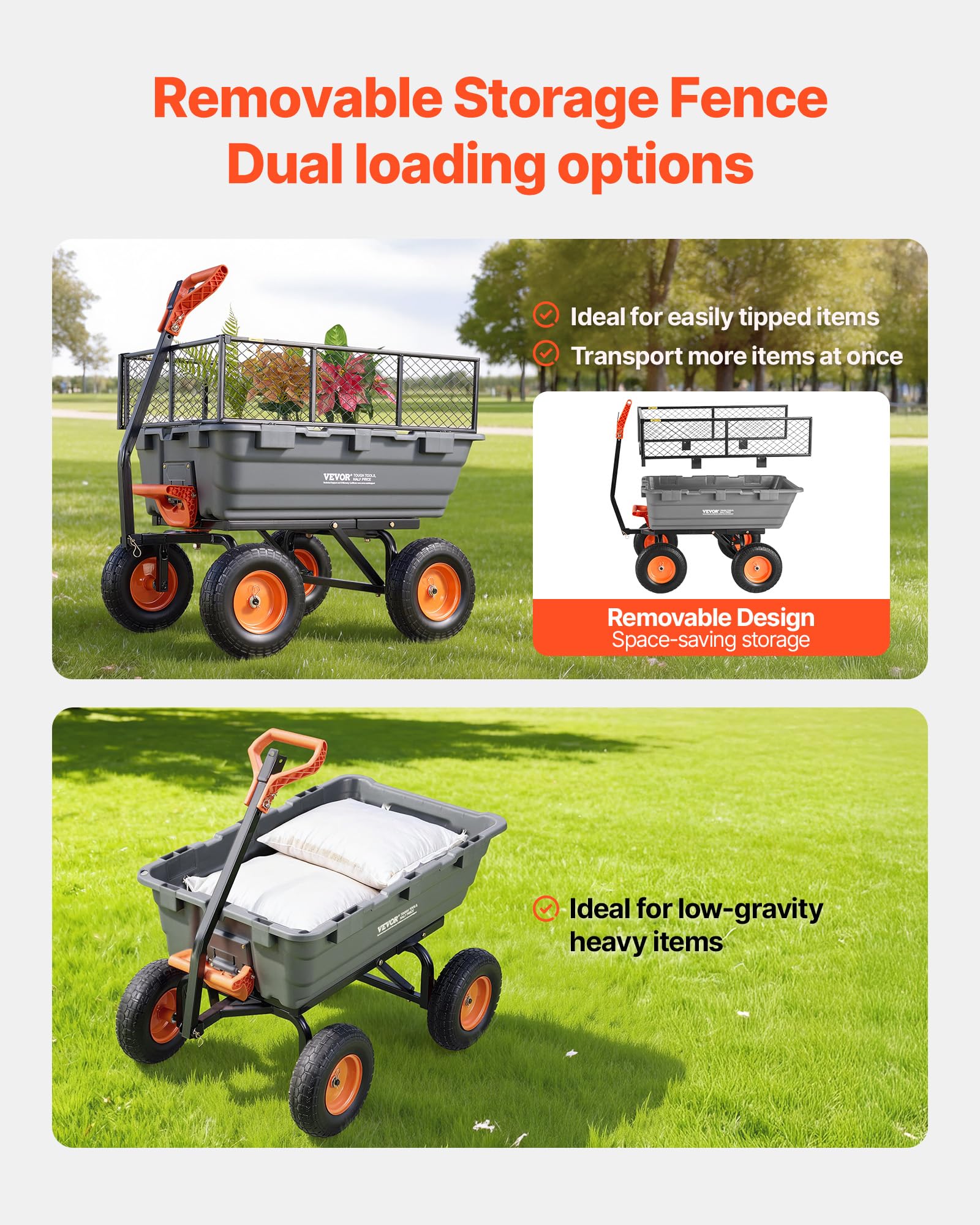 VEVOR Gartenwagen mit Kippfunktion, 544 kg Belastbarer Bollerwagen, 270° Drehbarer Transportwagen für Gartenarbeit aus Kunsttoff & Stahl mit 13 Zoll PU-Reifen & Metallzaun für Rasen, Kies & Schlamm