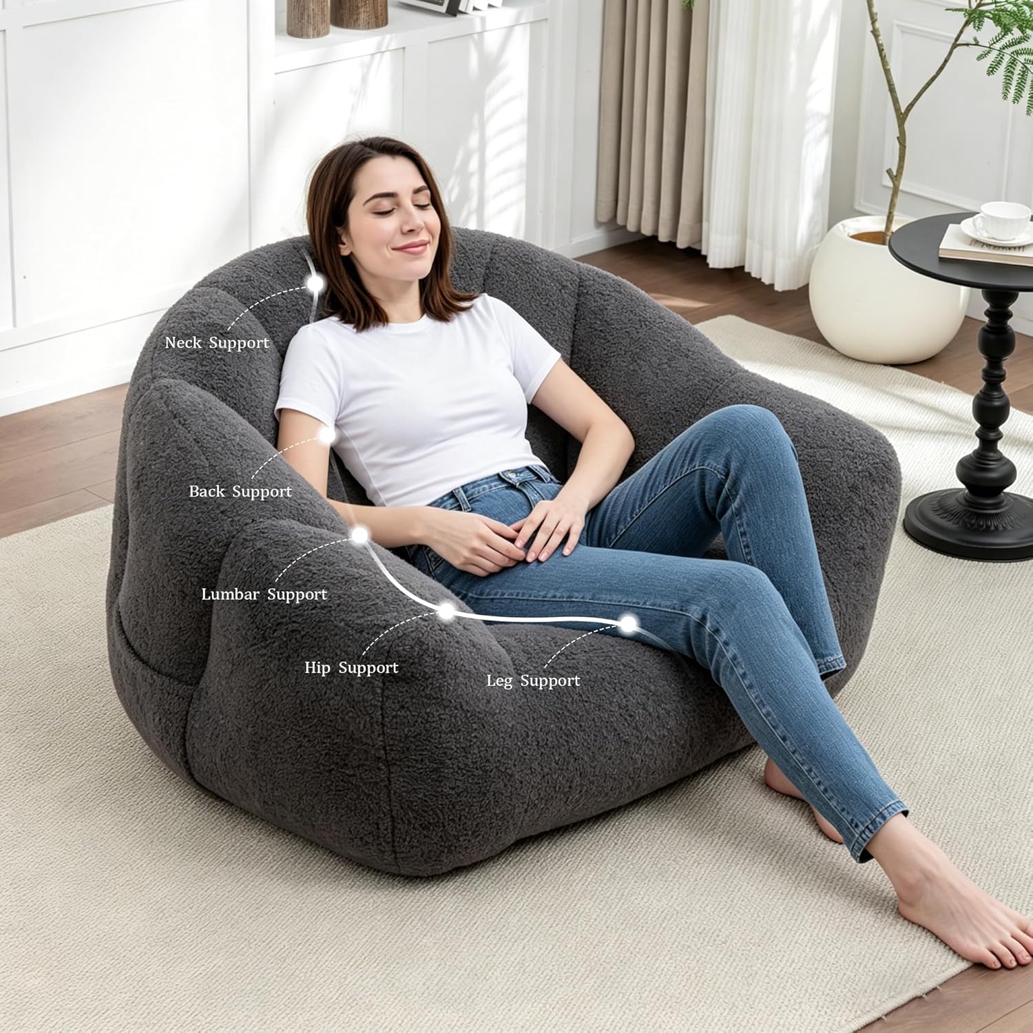 MINCETA Giant Bean Bag Chair, Oversized Bean Bag Chairs with Armrests, 35" D x 41.4" W, Adult Size Beanbag Sofa for Bedroom, Filler Included, Dark Gray