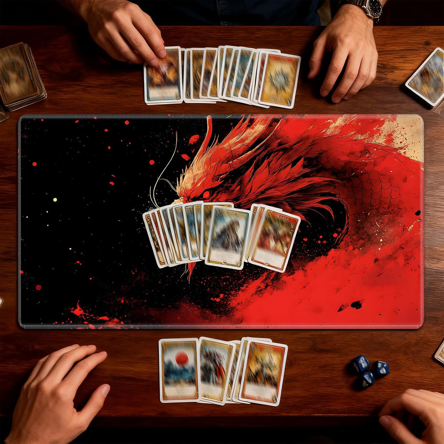 Red Dragon TCG Battle Set: High-Definition Water-Ink Dragon Playmat & Matching Flip Deck Box Bundle, Professional Card Gaming Accessories for MTG, Pokemon, Lorcana with Storage Bag& 3 Dice