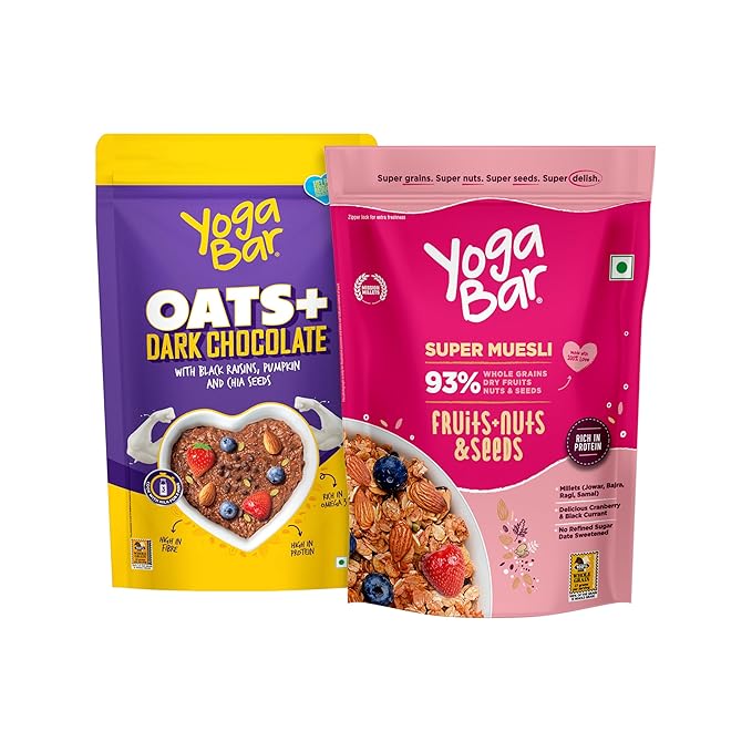 Yogabar Breakfast Oats and Muesli | Fruits and Nuts Muesli | Dark Chocolate Flavour Premium Super Oats Combo Pack - 800 gm