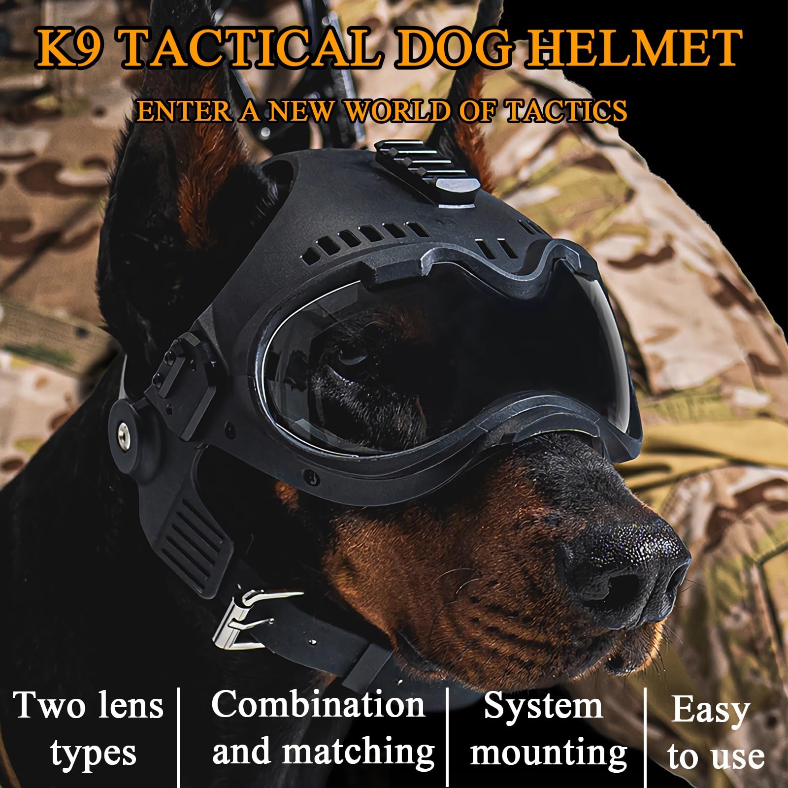 Kask taktyczny K9 dla owczarków niemieckich i mechaników – regulowany kask dla psa ze zdejmowanymi ochraniaczami na uszy, 2 soczewkami, szyną Picatinny i podkładkami EVA dla średnich psów roboczych