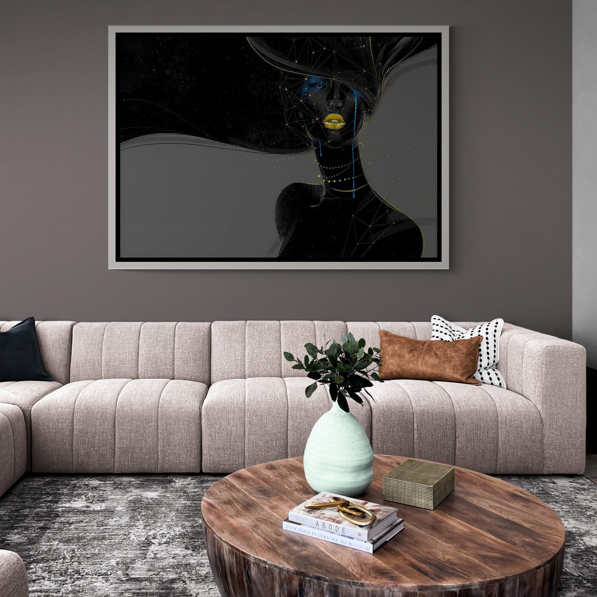 LMYCHENG Czarna kobieta obraz olejny na płótnie złote usta złote usta abstrakcyjne plakaty i druki do salonu wystrój domu (70 x 110 cm/wewnętrzna rama)