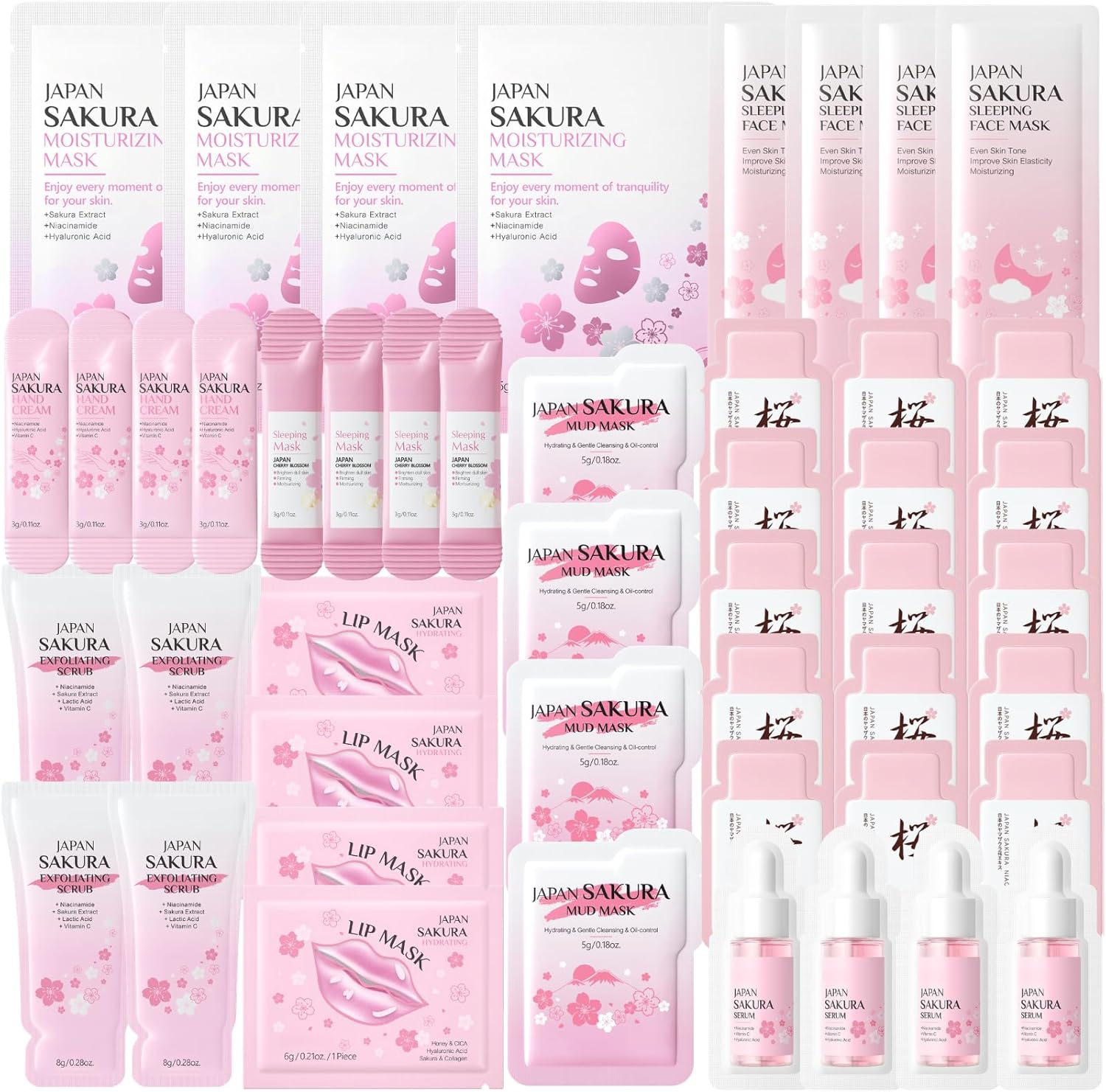 48PCS Pamper Gifts for Women – Face Masks Skincare Set – Girls Gifts for Travel Skincare Set – Sakura Skincare Set with Face Mask,Lip Mask,Eye Masks,Face Serum&Cream,Hand Cream,Scrub Hydrating