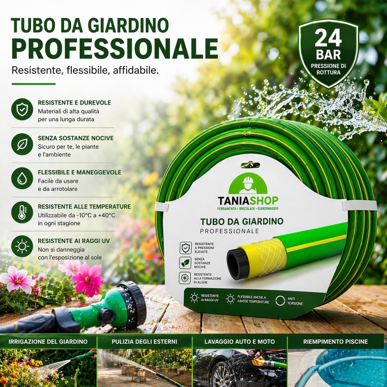 Tubo Acqua da Giardino PVC 4 Strati Retinato Ø15mm 5/8" Anti UV Antialga Flessibile per irrigazione Giardino Uso Hobbistico (50 metri)
