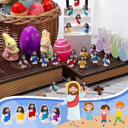 Miniatura 5 de Bememo 100 piezas de juguetes de Jesús pequeño Jesús figura miniatura de Jesús muñeca pequeña de Jesús para esconderse y buscar, regalos religiosos