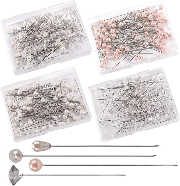 AIEX 320Pcs 4 Styles Pearl Head Pins Crystal Head Corsage Pins Straight Head Pins for Banquet Wedding Party Anniversary Decorations
