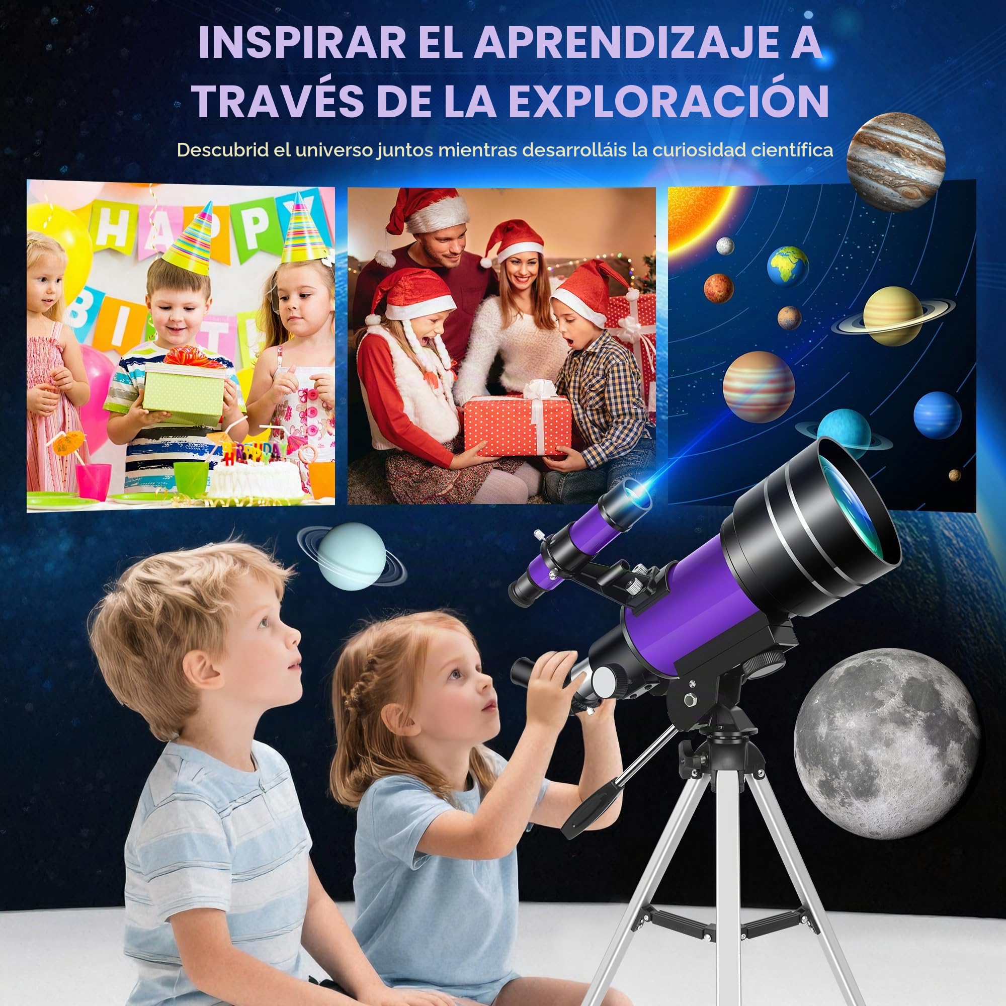 Telescopio Astronómico para Niños, 70 mm Apertura 300 mm (22,5X - 150X) Portatil Refractor Telescopio para Adultos y Principiantes con Trípode y Filtro Lunar para Observar la Luna y Paisajes