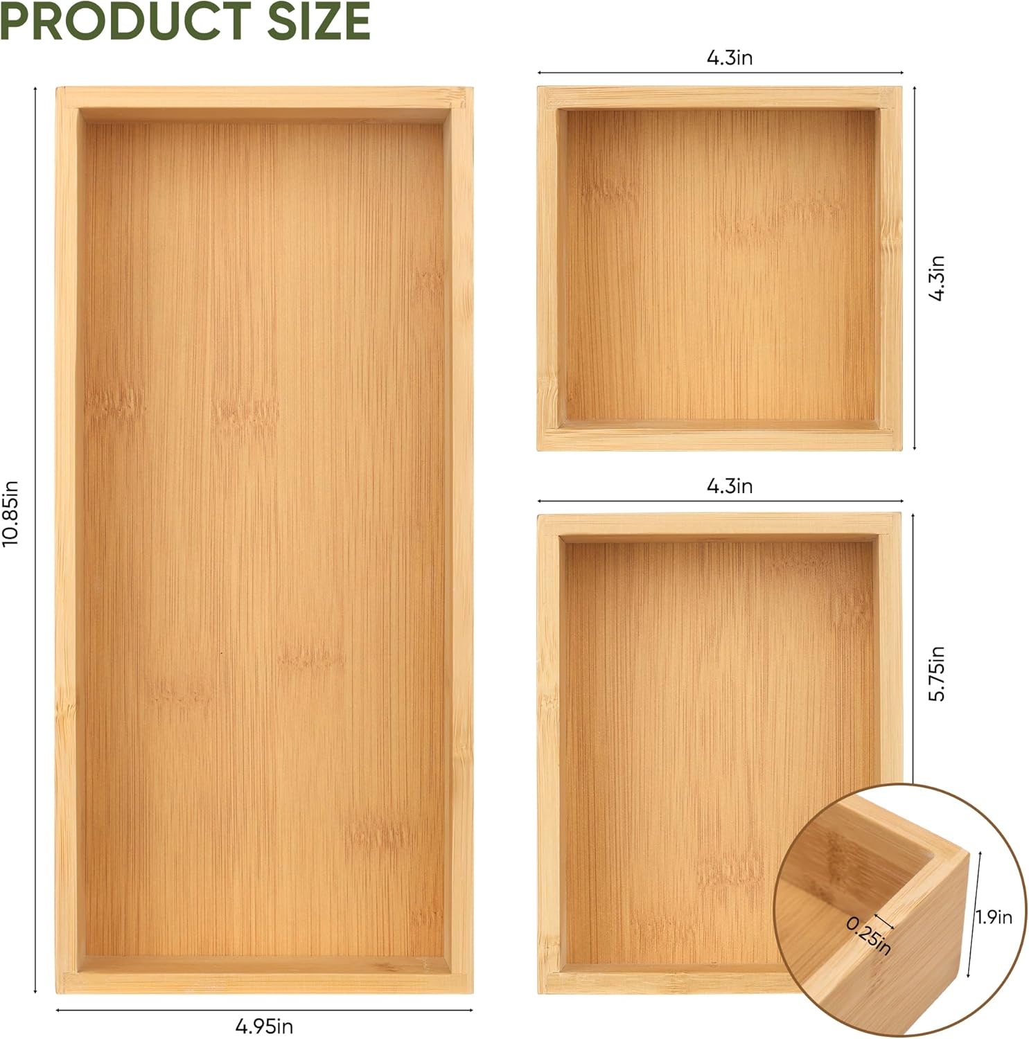 Bamboo Drawer Organizers Set, 3PCS Multi-Use Wood Storage Organizers, Desk Drawer Tray for Kitchen, Bathroom, Office, Dresser, Bamboo Box Bin for Jewelry, Makeup, Junk, Gadgets - Image 7