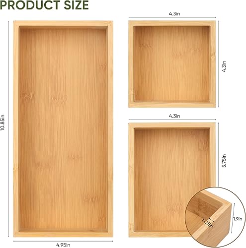 Miniatura 7 de Juego de organizadores de cajones de bambú, organizadores de almacenamiento de madera multiusos de 3 piezas, bandeja de cajón de escritorio para